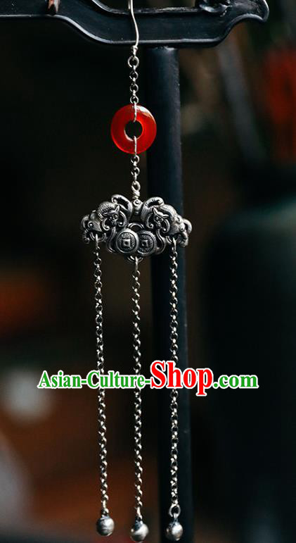 Handmade Chinese Traditional Agate Eardrop Classical Cheongsam Earrings Accessories Silver Tassel Ear Jewelry