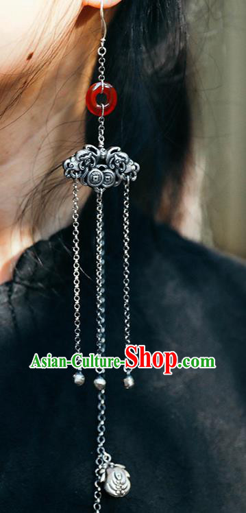 Handmade Chinese Traditional Agate Eardrop Classical Cheongsam Earrings Accessories Silver Tassel Ear Jewelry