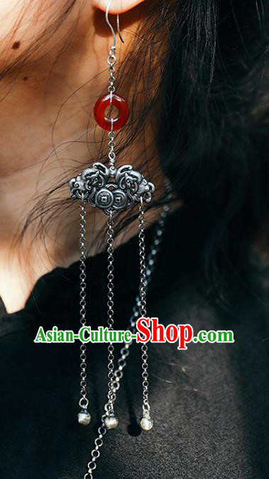 Handmade Chinese Traditional Agate Eardrop Classical Cheongsam Earrings Accessories Silver Tassel Ear Jewelry