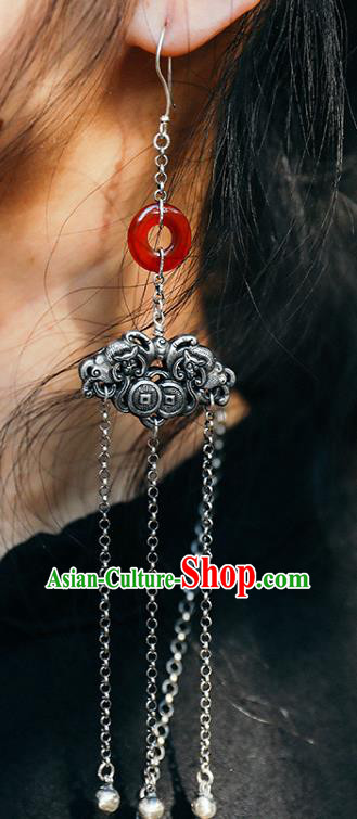 Handmade Chinese Traditional Blueing Silver Eardrop Classical Cheongsam Earrings Accessories Jade Ear Jewelry