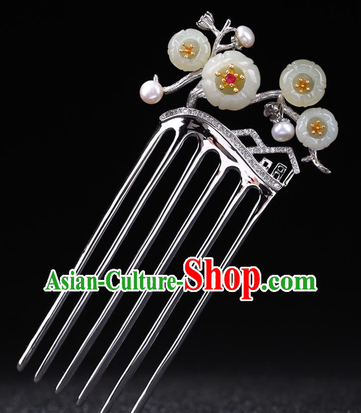 China National Jade Plum Blossom Hairpin Handmade Hair Jewelry Accessories Traditional Cheongsam Pearls Silver Hair Comb