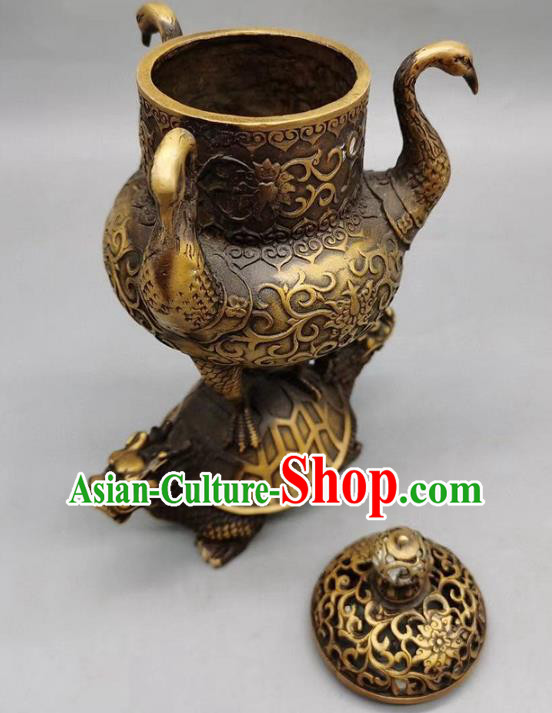 Handmade Chinese Carving Tortoise Crane Censer Ornaments Traditional Brass Incense Burner Accessories