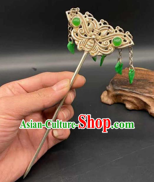 China Traditional Hair Accessories Classical Silver Carving Butterfly Hairpin Handmade Tassel Hair Stick