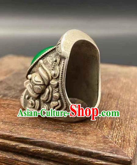 China National Silver Carving Ring Handmade Jewelry Accessories Traditional Chrysoprase Thimble Circlet