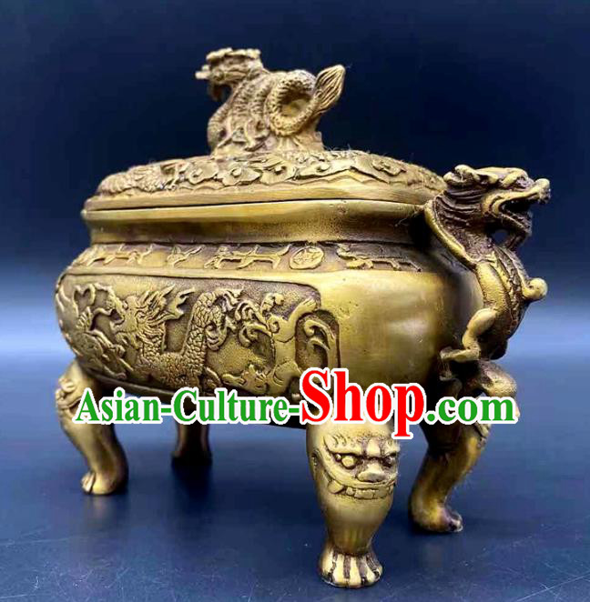 Handmade Chinese Carving Dragon Censer Ornaments Traditional Brass Incense Burner Accessories