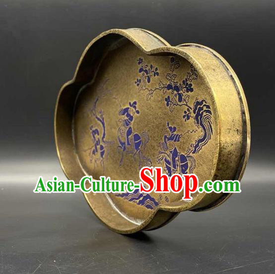 Handmade Chinese Traditional Brass Salver Accessories Lacquer Painting Tray Ornaments