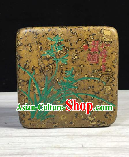 Handmade Chinese Painting Orchid Ink Box Ornaments Traditional Brass Craft Ink Pad