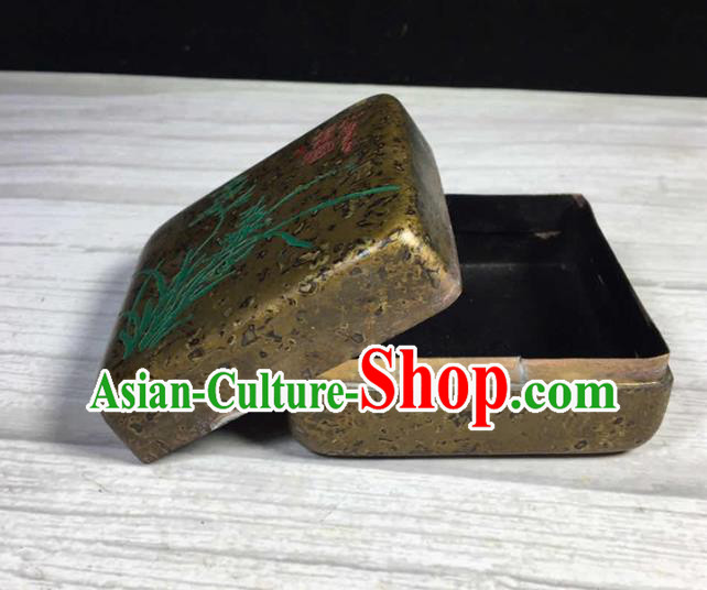 Handmade Chinese Painting Orchid Ink Box Ornaments Traditional Brass Craft Ink Pad
