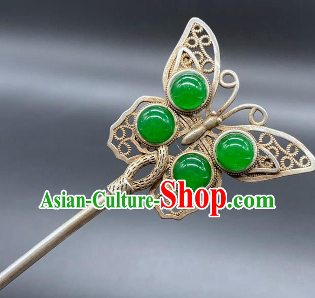 China Handmade Chrysoprase Hair Stick Traditional Hair Accessories Classical Silver Butterfly Hairpin