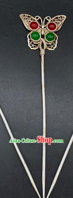 China Classical Silver Butterfly Hairpin Handmade Gems Hair Stick Traditional Hair Accessories