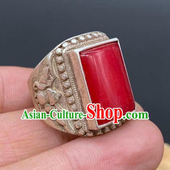 China National Silver Ring Handmade Jewelry Accessories Traditional Ruby Thimble Circlet