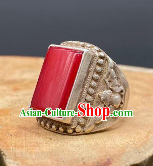 China National Silver Ring Handmade Jewelry Accessories Traditional Ruby Thimble Circlet