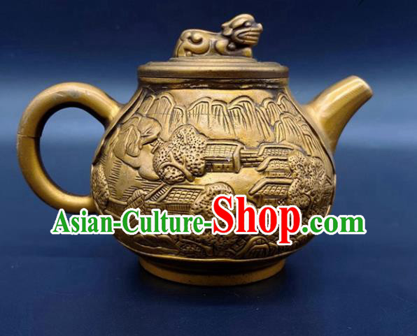 Handmade Chinese Carving Teapot Ornaments Traditional Brass Craft Anaglyph Flagon