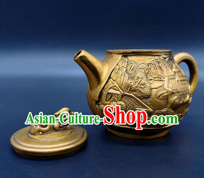 Handmade Chinese Carving Teapot Ornaments Traditional Brass Craft Anaglyph Flagon
