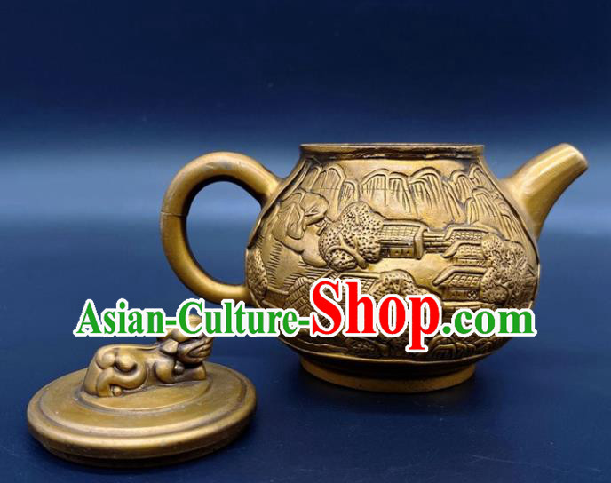 Handmade Chinese Carving Teapot Ornaments Traditional Brass Craft Anaglyph Flagon