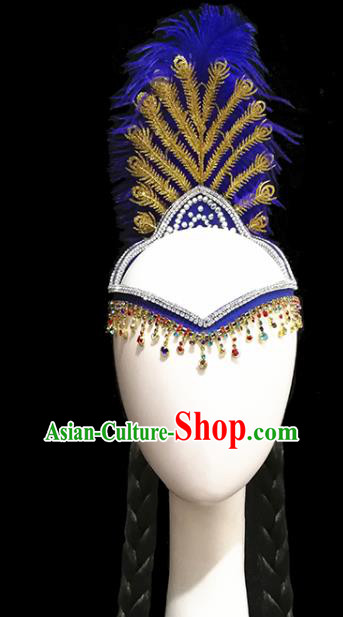 China Handmade Ethnic Women Royalblue Feather Hair Accessories Traditional Uyghur Nationality Folk Dance Braid Hat