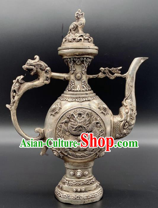 Handmade Chinese Carving Dragon Flagon Ornaments Traditional Brass Craft Wine Pot