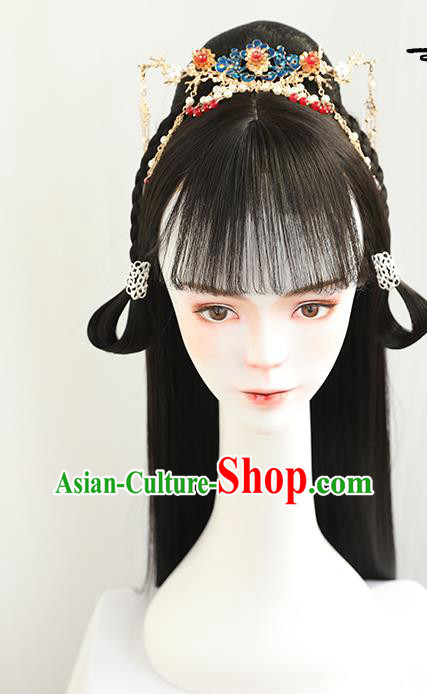 China Handmade Ancient Young Lady Wig Sheath Traditional Ming Dynasty Princess Wiggery Headdress