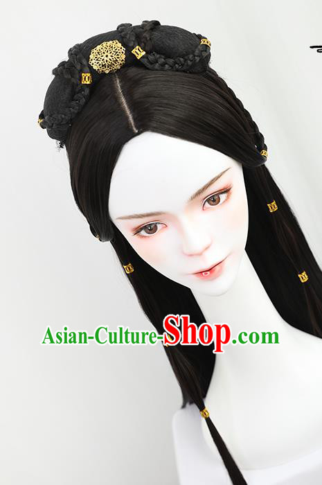 China Traditional Qin Dynasty Princess Wiggery Headdress Handmade Ancient Palace Lady Wig Sheath
