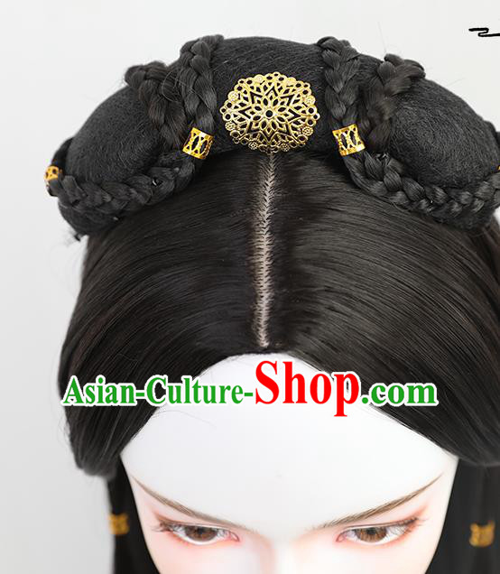 China Traditional Qin Dynasty Princess Wiggery Headdress Handmade Ancient Palace Lady Wig Sheath