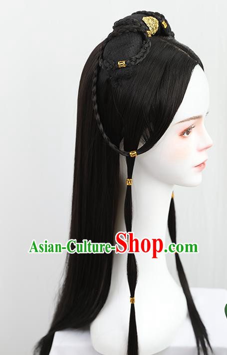China Traditional Qin Dynasty Princess Wiggery Headdress Handmade Ancient Palace Lady Wig Sheath