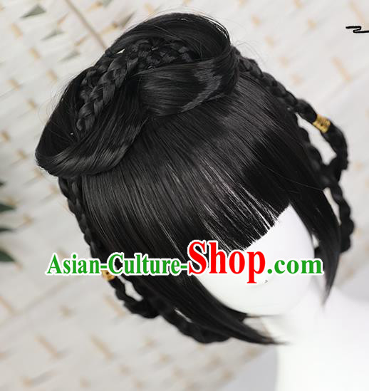 China Traditional Song Dynasty Young Lady Straight Bangs Wiggery Headdress Handmade Ancient Village Girl Wig Sheath