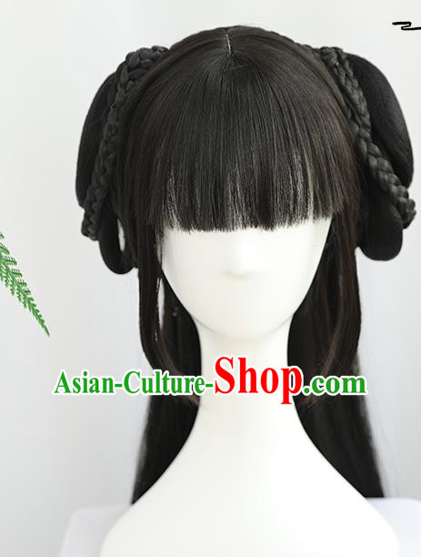 China Traditional Song Dynasty Wiggery Headdress Handmade Ancient Young Lady Straight Bangs Wig Sheath
