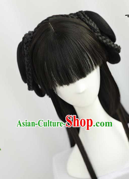 China Traditional Song Dynasty Wiggery Headdress Handmade Ancient Young Lady Straight Bangs Wig Sheath