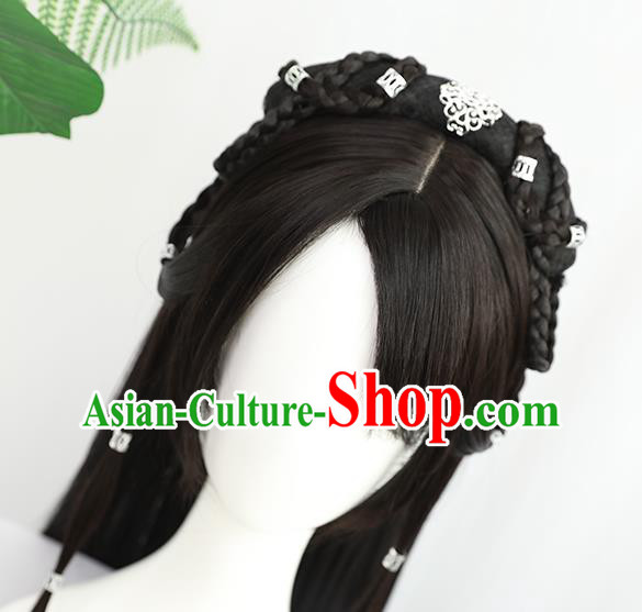 China Traditional Ming Dynasty Swordswoman Wiggery Headdress Handmade Ancient Young Girl Wig Sheath