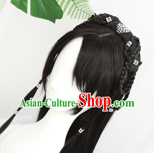 China Traditional Ming Dynasty Swordswoman Wiggery Headdress Handmade Ancient Young Girl Wig Sheath