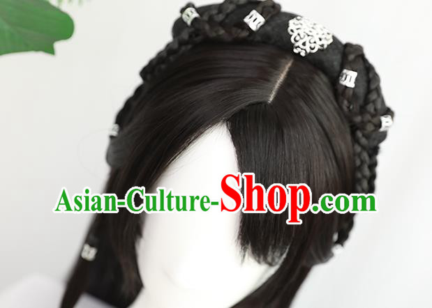China Traditional Ming Dynasty Swordswoman Wiggery Headdress Handmade Ancient Young Girl Wig Sheath