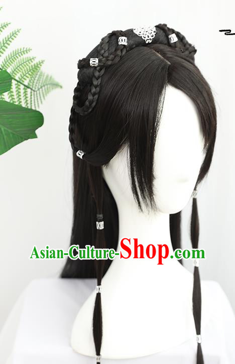 China Traditional Ming Dynasty Swordswoman Wiggery Headdress Handmade Ancient Young Girl Wig Sheath
