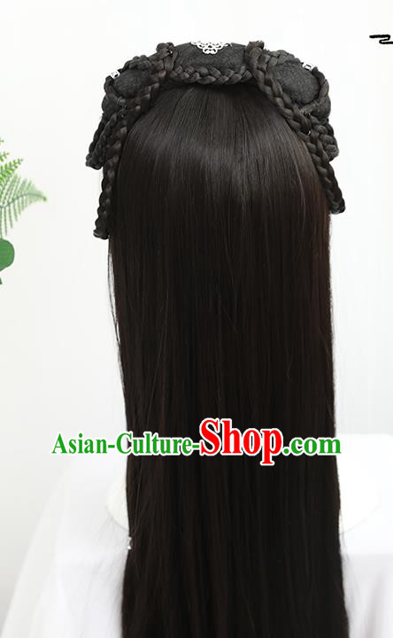 China Traditional Ming Dynasty Swordswoman Wiggery Headdress Handmade Ancient Young Girl Wig Sheath