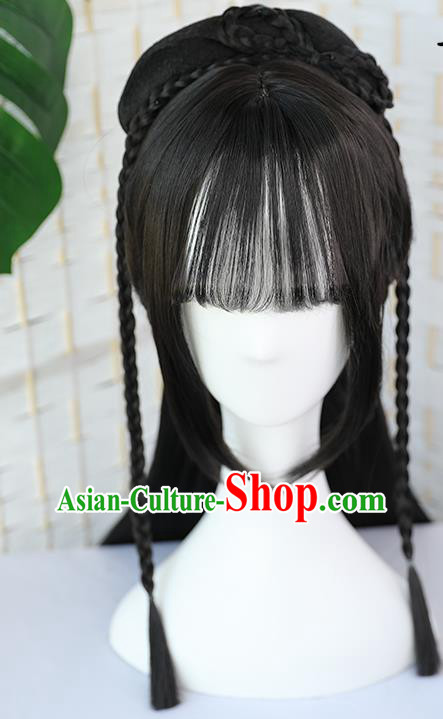 China Traditional Song Dynasty Young Beauty Wiggery Headdress Handmade Ancient Female Swordsman Straight Bang Wig Sheath