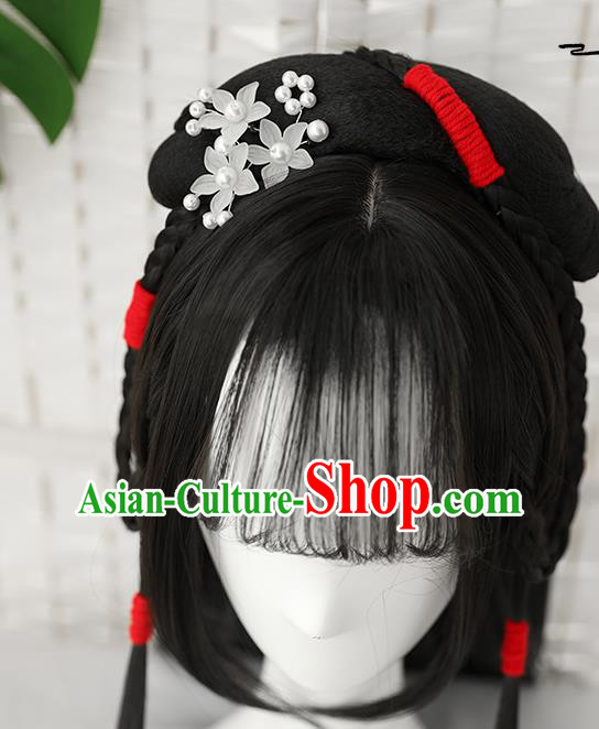 China Traditional Ming Dynasty Straight Bang Wiggery Headdress Handmade Ancient Young Beauty Wig Sheath