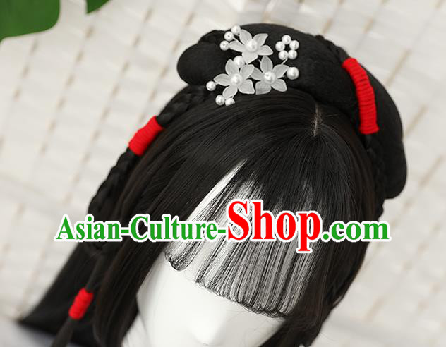 China Traditional Ming Dynasty Straight Bang Wiggery Headdress Handmade Ancient Young Beauty Wig Sheath