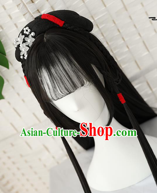 China Traditional Ming Dynasty Straight Bang Wiggery Headdress Handmade Ancient Young Beauty Wig Sheath