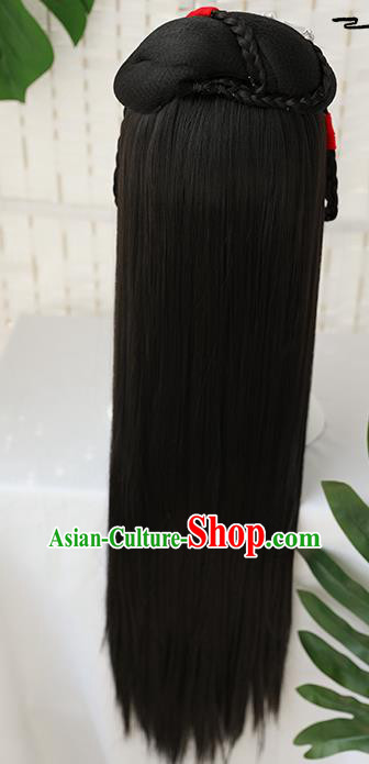 China Traditional Ming Dynasty Straight Bang Wiggery Headdress Handmade Ancient Young Beauty Wig Sheath