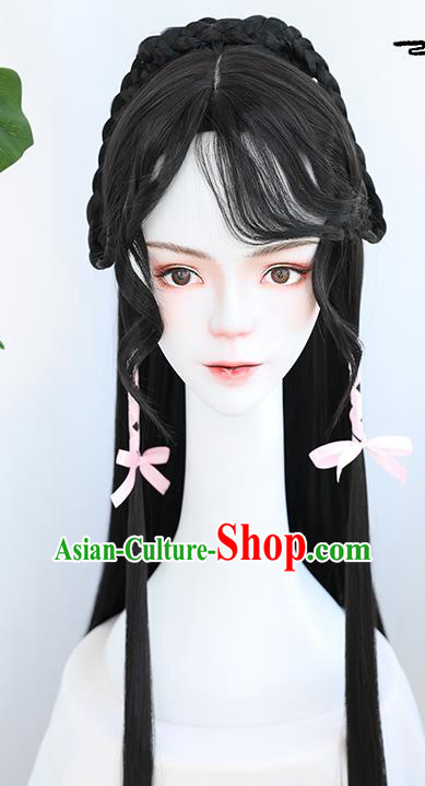China Traditional Tang Dynasty Curly Wiggery Headdress Handmade Ancient Young Lady Wig Sheath