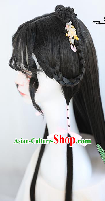 China Traditional Tang Dynasty Curly Wiggery Headdress Handmade Ancient Young Lady Wig Sheath