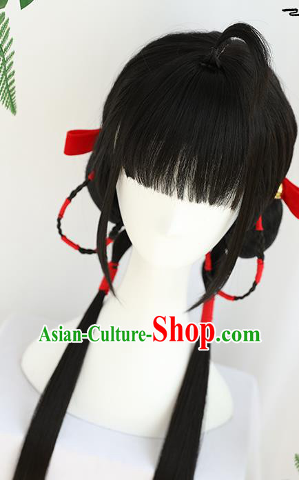 China Traditional Qing Dynasty Wiggery Headdress Handmade Ancient Village Girl Straight Bangs Wig Sheath