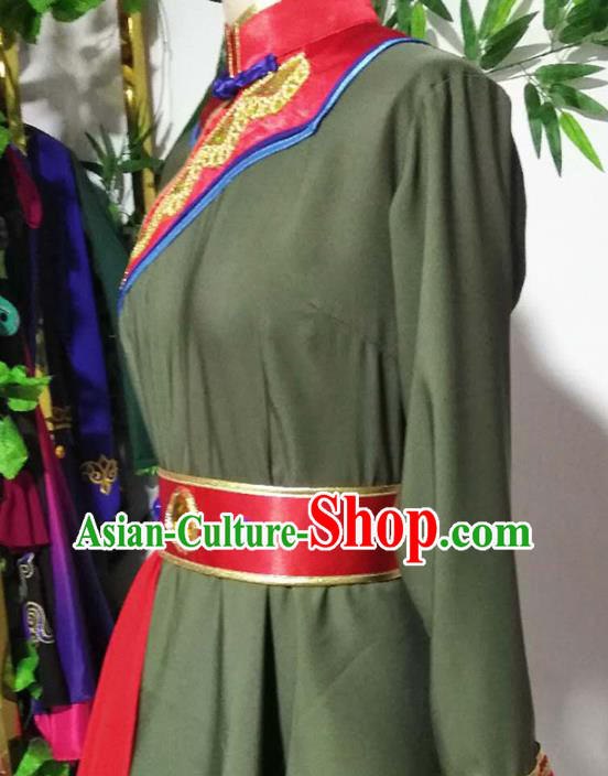 China Handmade Folk Dance Green Outfits Traditional Mongol Nationality Clothing