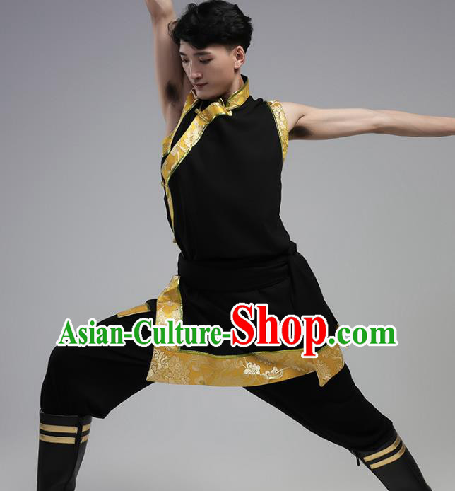 China Traditional Ethnic Costume Zang Nationality Folk Dance Black Shirt and Pants Outfits