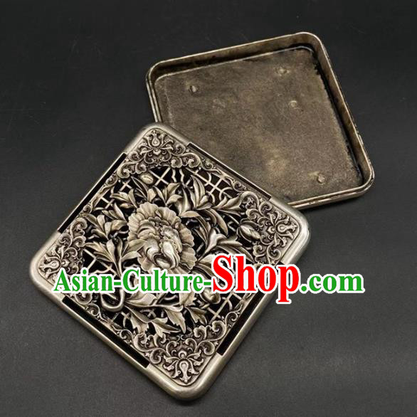 Handmade Chinese Carving Peony Ink Box Ornaments Traditional Brass Craft Cupronickel Ink Cartridge