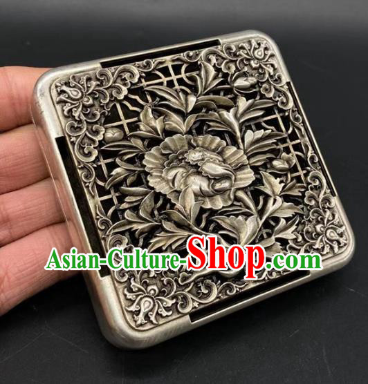 Handmade Chinese Carving Peony Ink Box Ornaments Traditional Brass Craft Cupronickel Ink Cartridge