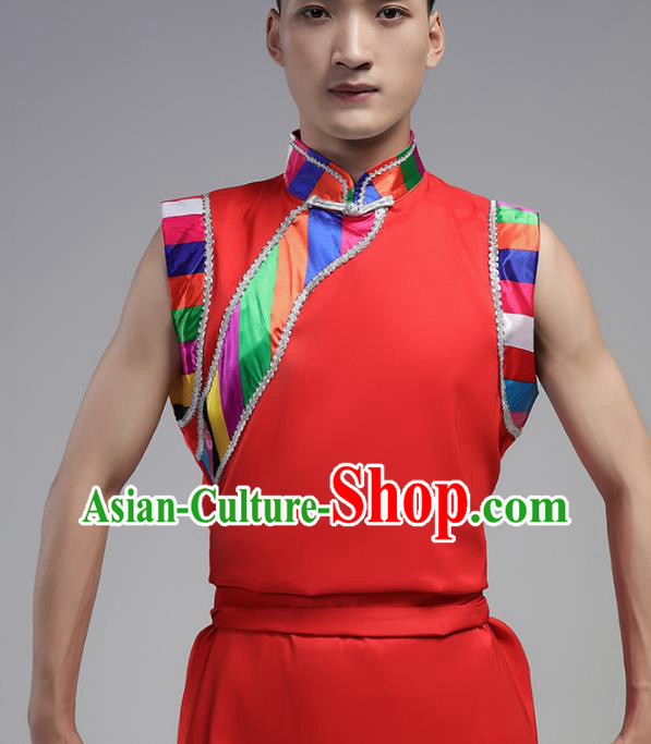 China Zang Nationality Folk Dance Red Shirt and Pants Outfits Traditional Ethnic Male Costume