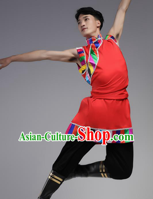 China Zang Nationality Folk Dance Red Shirt and Pants Outfits Traditional Ethnic Male Costume