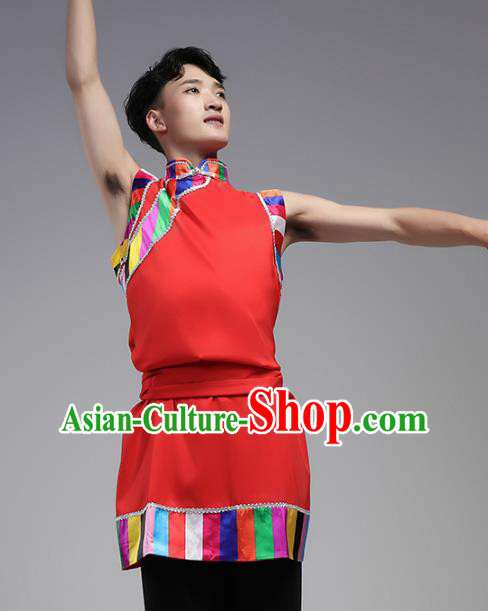 China Zang Nationality Folk Dance Red Shirt and Pants Outfits Traditional Ethnic Male Costume