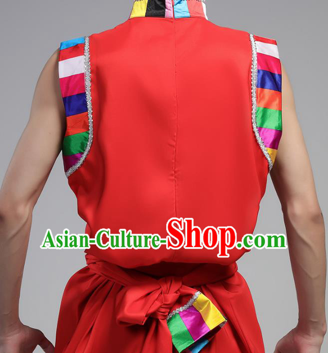 China Zang Nationality Folk Dance Red Shirt and Pants Outfits Traditional Ethnic Male Costume