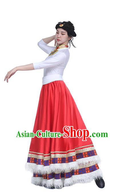 China Traditional Zang Nationality Dance Clothing Tibetan Ethnic White Blouse and Red Skirt Outfits